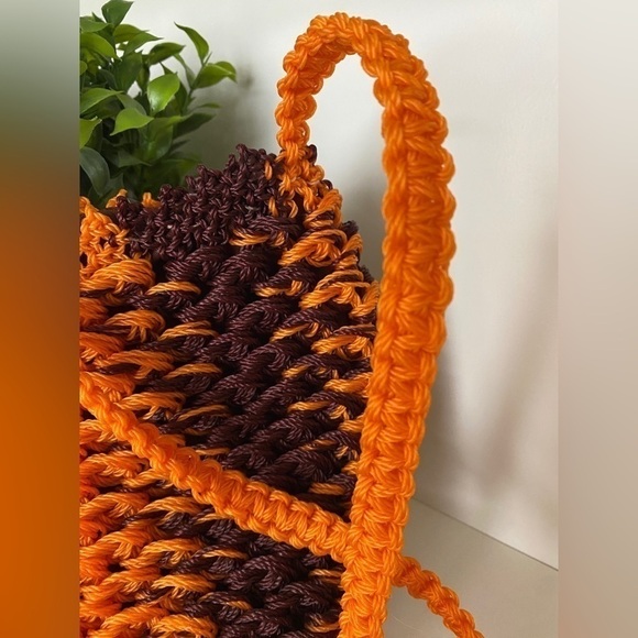 Handmade Crocheted Purse Handbag Brown/Orange with One Floral Piece Attached Vtg - Picture 5 of 11